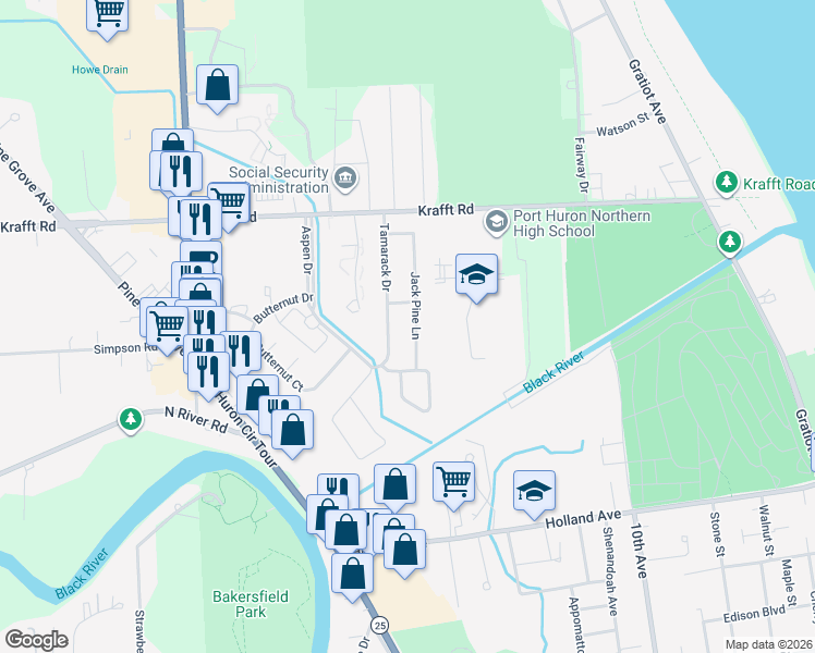 map of restaurants, bars, coffee shops, grocery stores, and more near 3854 Tamarack Drive in Port Huron