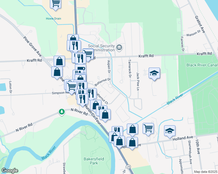 map of restaurants, bars, coffee shops, grocery stores, and more near 3900 Aspen Drive in Port Huron