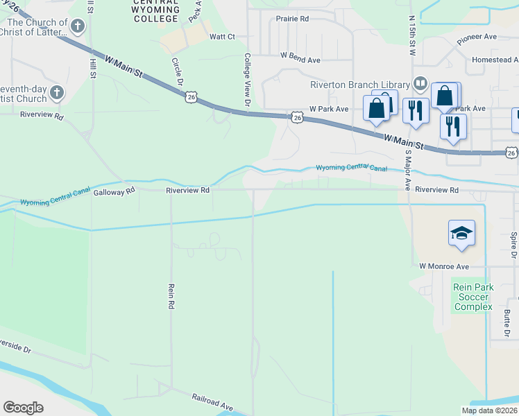 map of restaurants, bars, coffee shops, grocery stores, and more near 2245 Riverview Road in Riverton