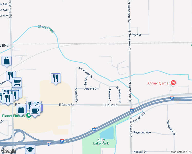 map of restaurants, bars, coffee shops, grocery stores, and more near 1180 Arrowhead Drive in Burton