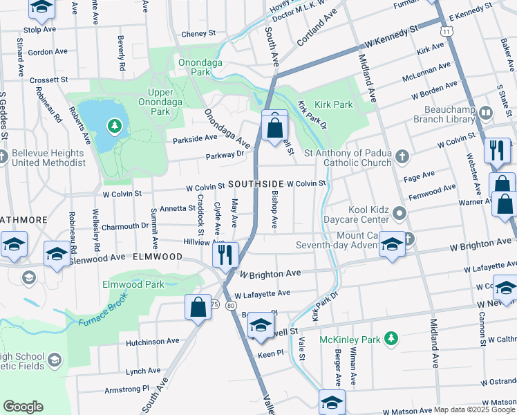 map of restaurants, bars, coffee shops, grocery stores, and more near 1612 South Avenue in Syracuse