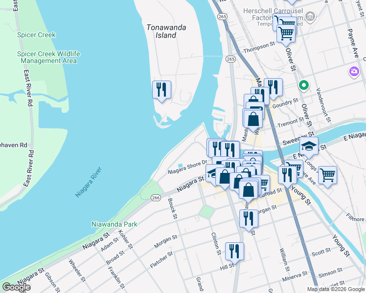 map of restaurants, bars, coffee shops, grocery stores, and more near 63 Niagara Shore Drive in Tonawanda