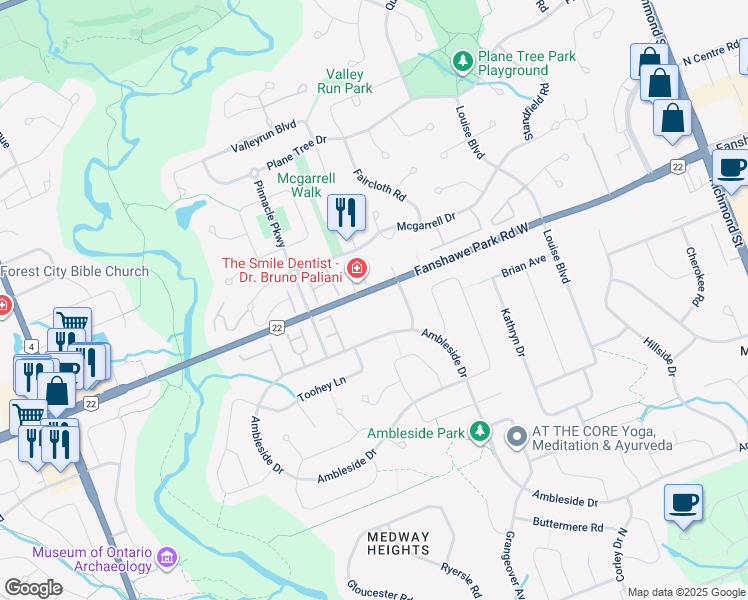 map of restaurants, bars, coffee shops, grocery stores, and more near 320 Ambleside Drive in London