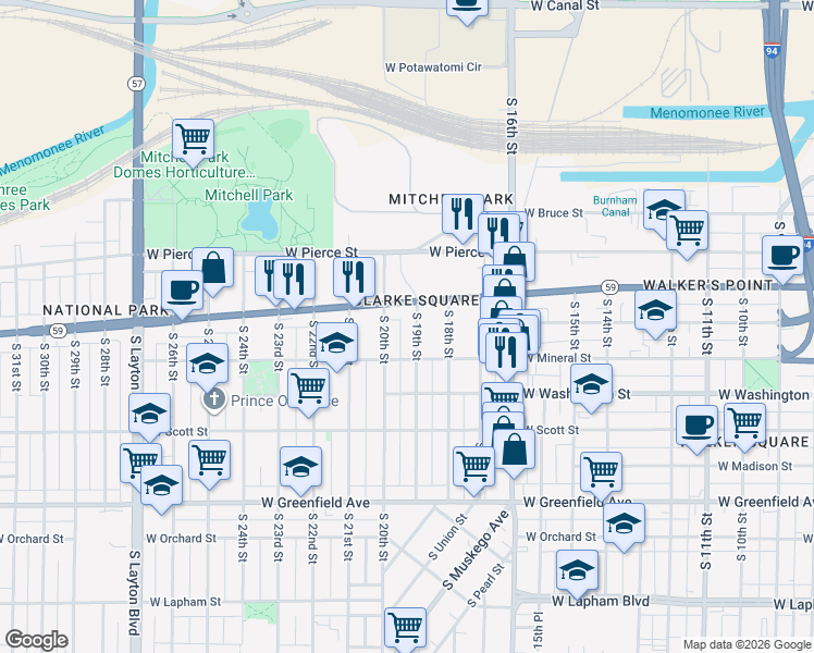 map of restaurants, bars, coffee shops, grocery stores, and more near 918 South 20th Street in Milwaukee