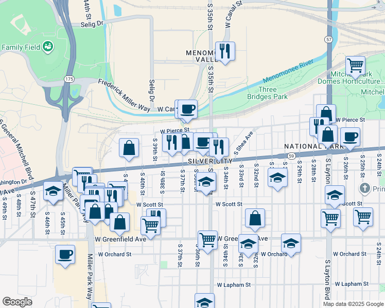 map of restaurants, bars, coffee shops, grocery stores, and more near in Milwaukee
