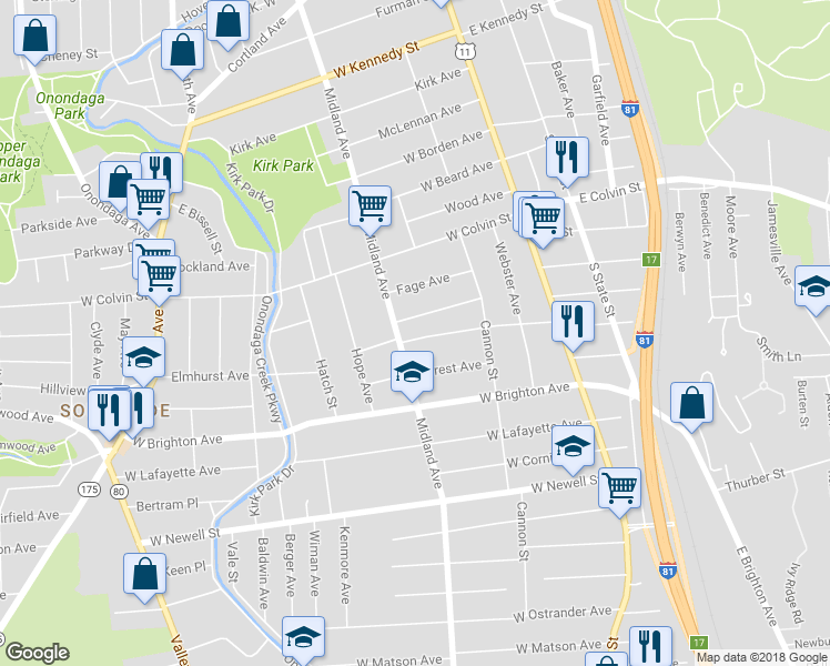 map of restaurants, bars, coffee shops, grocery stores, and more near 368 Warner Avenue in Syracuse