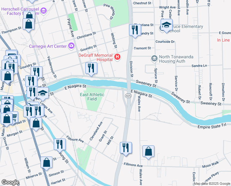 map of restaurants, bars, coffee shops, grocery stores, and more near 320 East Niagara Street in Tonawanda