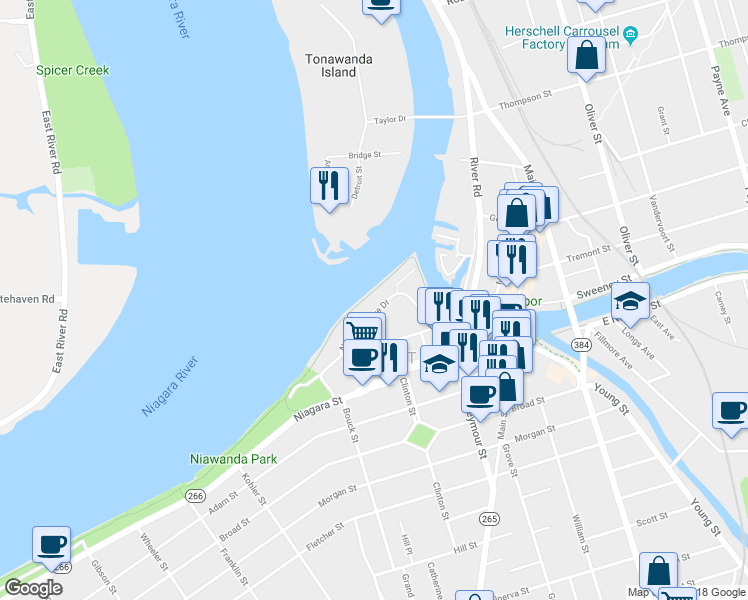 map of restaurants, bars, coffee shops, grocery stores, and more near 63 Niagara Shore Drive in Tonawanda