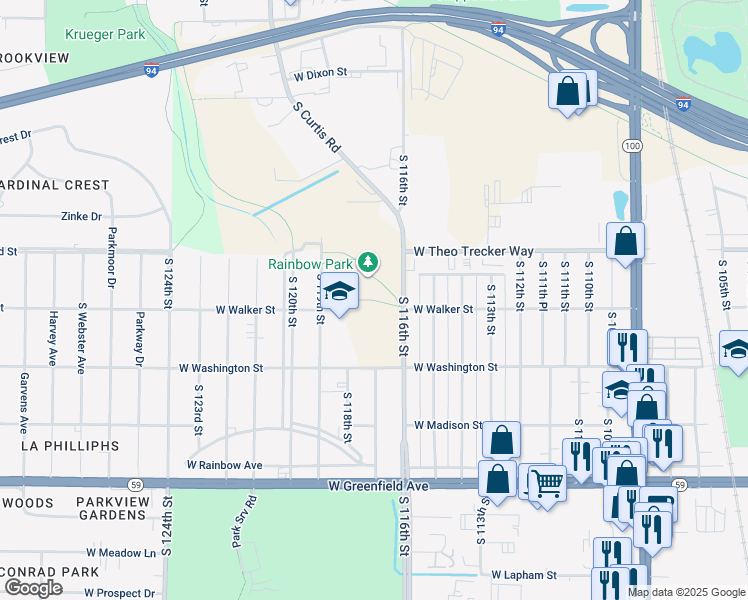 map of restaurants, bars, coffee shops, grocery stores, and more near 700 South 119th Street in West Allis
