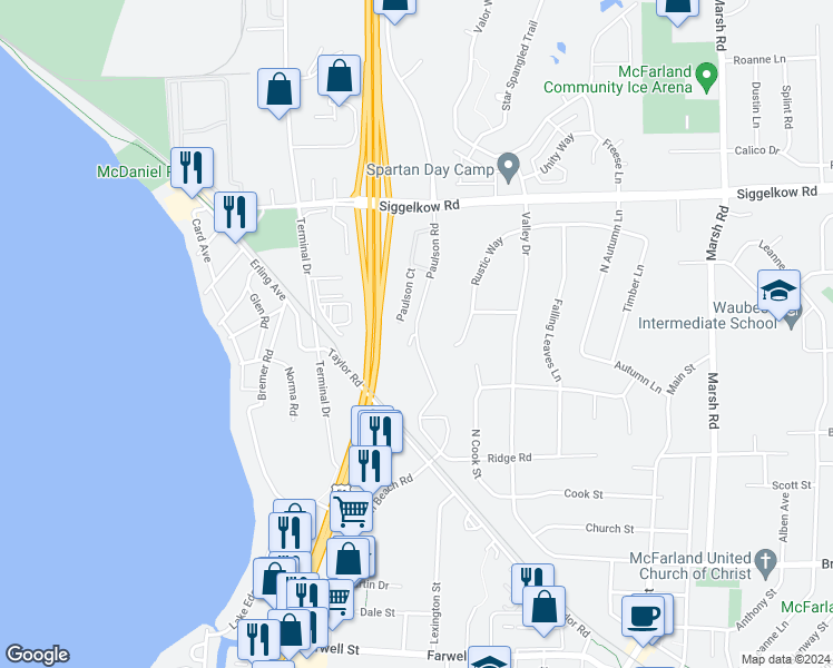 map of restaurants, bars, coffee shops, grocery stores, and more near Paulson Road in McFarland