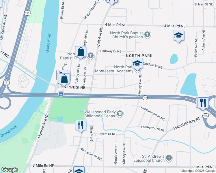 map of restaurants, bars, coffee shops, grocery stores, and more near 710 North Park Street Northeast in Grand Rapids