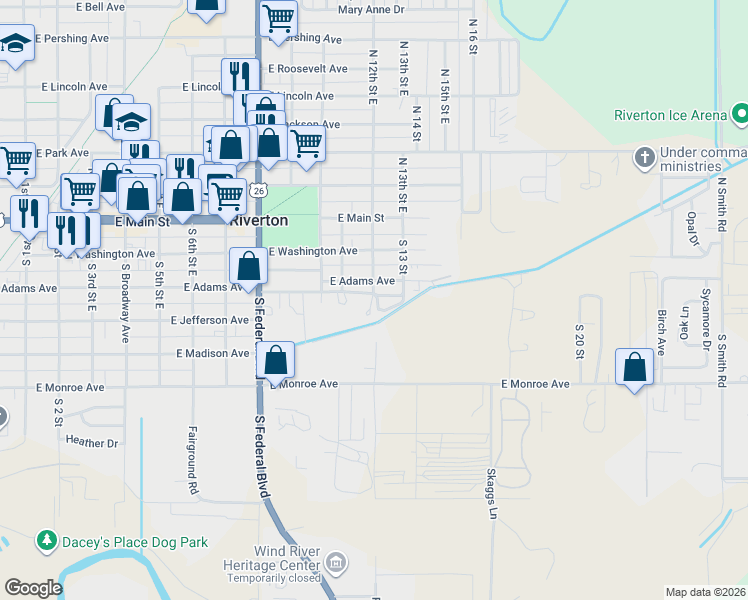map of restaurants, bars, coffee shops, grocery stores, and more near 325 South 12th Street East in Riverton