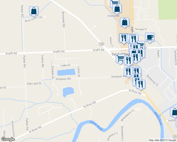 map of restaurants, bars, coffee shops, grocery stores, and more near 3170 Simpson Road in Fort Gratiot Township