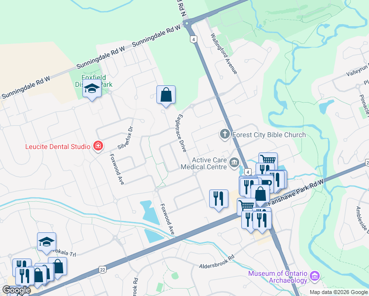 map of restaurants, bars, coffee shops, grocery stores, and more near 1047 Eagletrace Drive in London