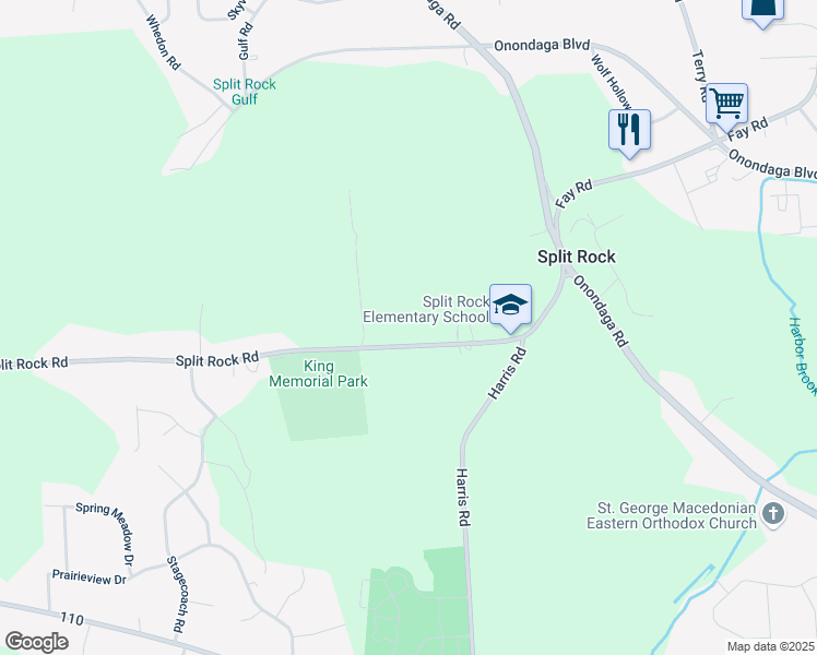 map of restaurants, bars, coffee shops, grocery stores, and more near 4106 Split Rock Road in Camillus