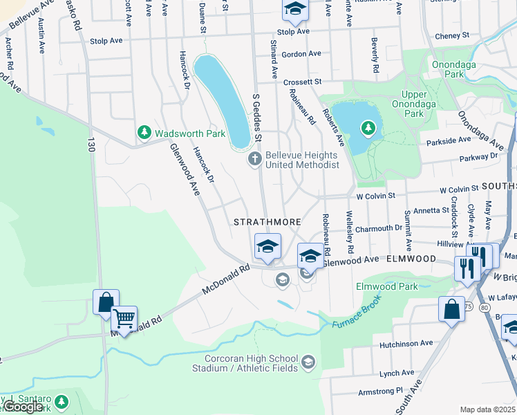 map of restaurants, bars, coffee shops, grocery stores, and more near in Syracuse