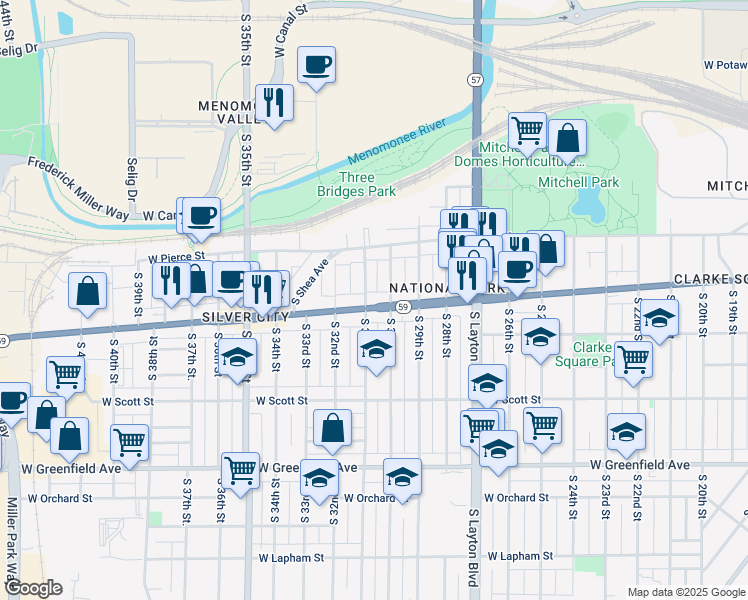 map of restaurants, bars, coffee shops, grocery stores, and more near 3022 West National Avenue in Milwaukee