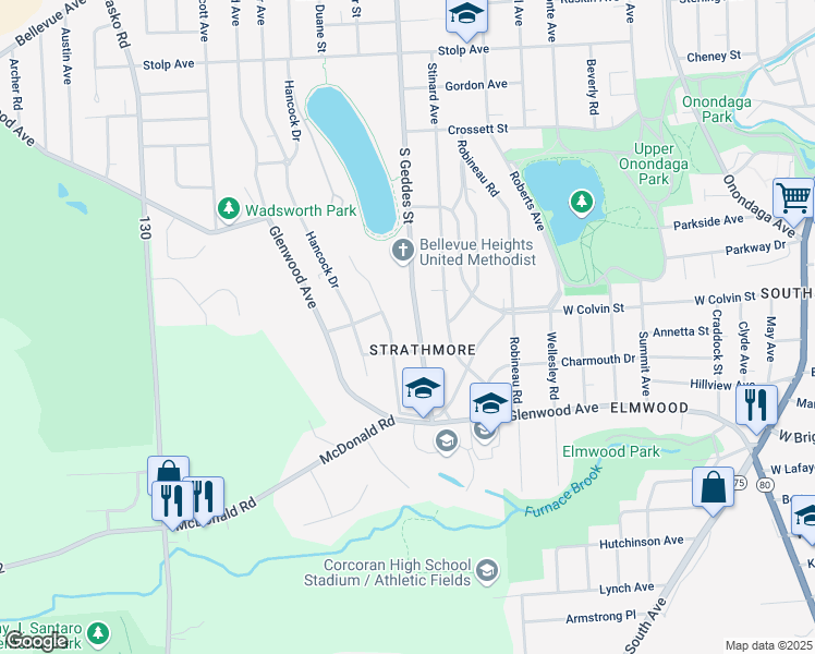 map of restaurants, bars, coffee shops, grocery stores, and more near in Syracuse