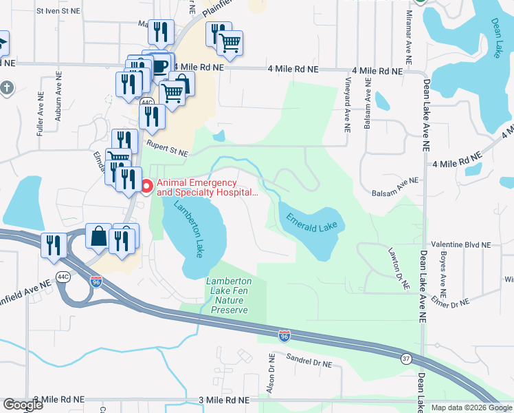 map of restaurants, bars, coffee shops, grocery stores, and more near 3235 Dorais Drive Northeast in Grand Rapids