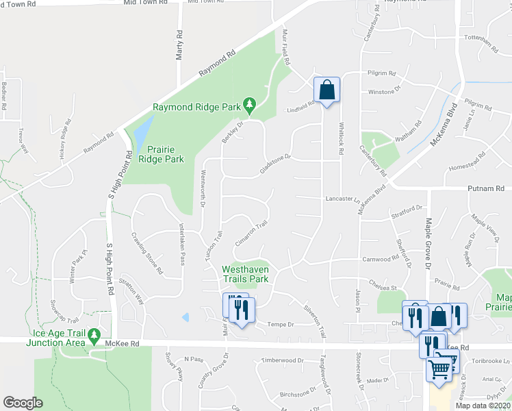 map of restaurants, bars, coffee shops, grocery stores, and more near 2892 Cimarron Trail in Madison