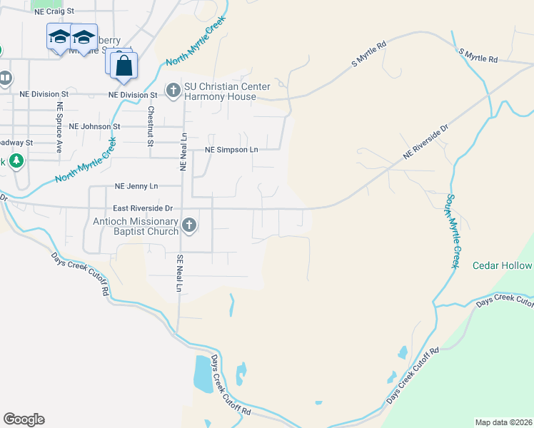 map of restaurants, bars, coffee shops, grocery stores, and more near 111 Southeast Cerrito Court in Myrtle Creek