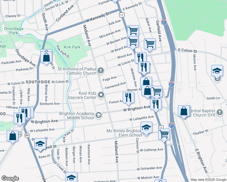 map of restaurants, bars, coffee shops, grocery stores, and more near 348 Warner Avenue in Syracuse
