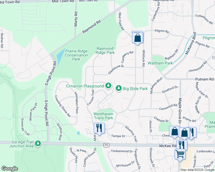 map of restaurants, bars, coffee shops, grocery stores, and more near 2892 Cimarron Trail in Madison