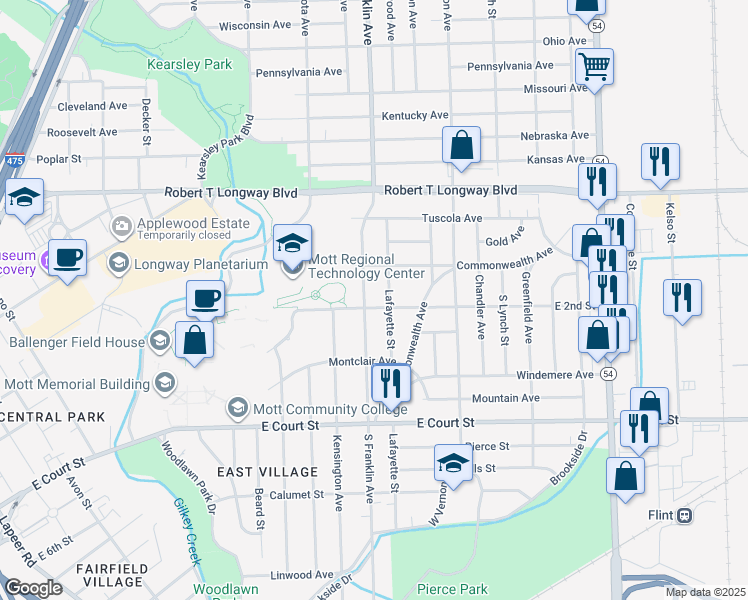 map of restaurants, bars, coffee shops, grocery stores, and more near 1907 East 2nd Street in Flint