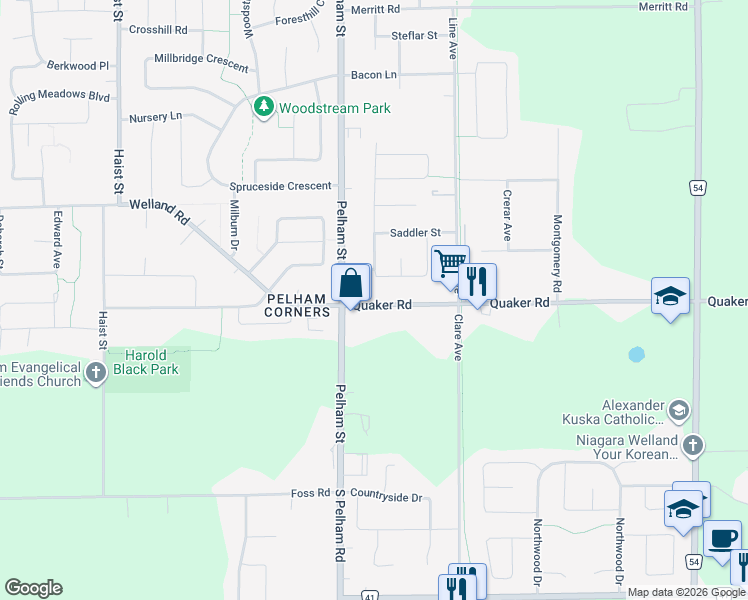 map of restaurants, bars, coffee shops, grocery stores, and more near 747 Quaker Road in Welland