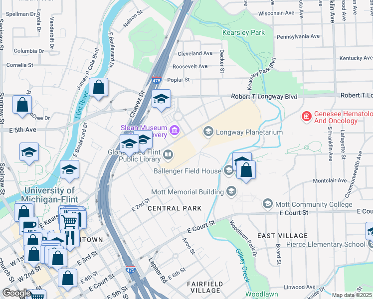 map of restaurants, bars, coffee shops, grocery stores, and more near 1120 East Kearsley Street in Flint