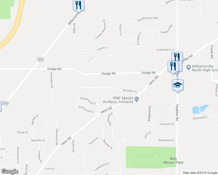map of restaurants, bars, coffee shops, grocery stores, and more near Montbleu Drive in Getzville