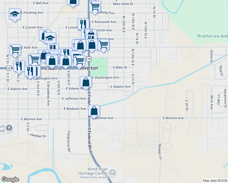 map of restaurants, bars, coffee shops, grocery stores, and more near 1015 East Adams Avenue in Riverton