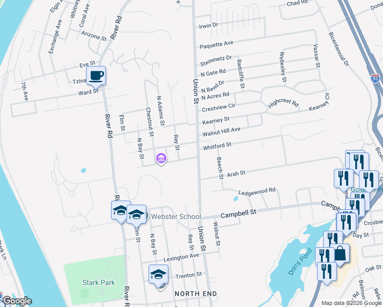 map of restaurants, bars, coffee shops, grocery stores, and more near 240 Pinecrest Road in Manchester