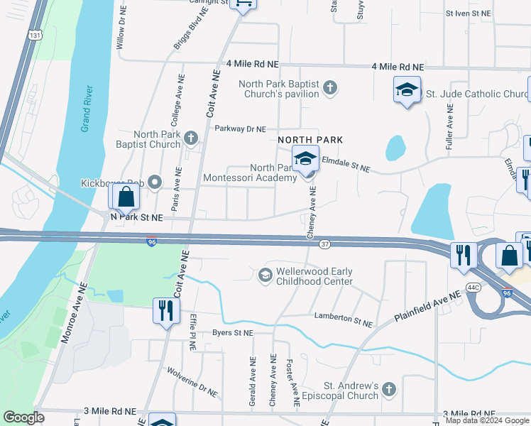 map of restaurants, bars, coffee shops, grocery stores, and more near 755 North Park Street Northeast in Grand Rapids