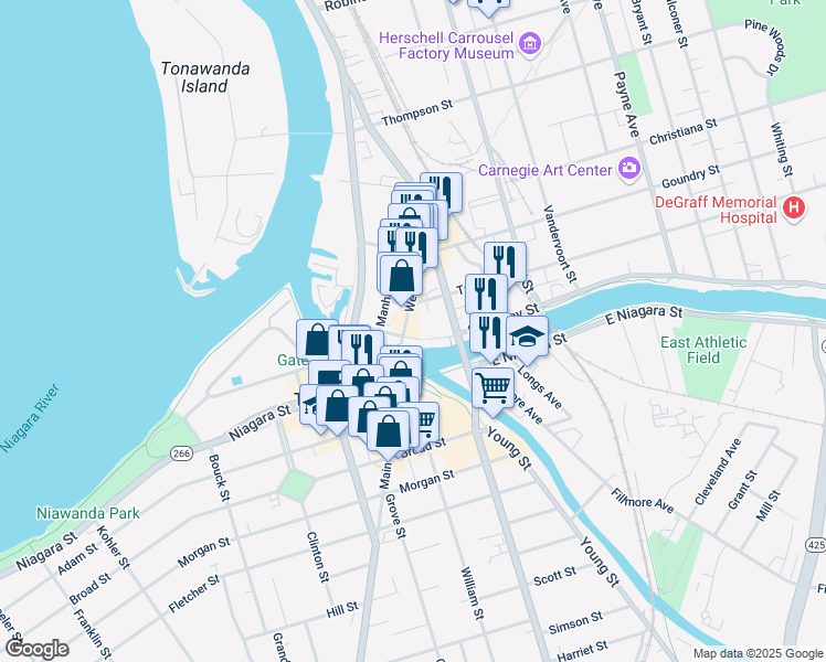 map of restaurants, bars, coffee shops, grocery stores, and more near 67 Webster Street in North Tonawanda