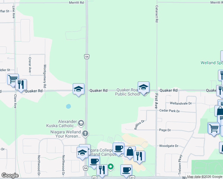 map of restaurants, bars, coffee shops, grocery stores, and more near 436 Quaker Road in Welland