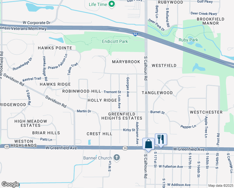 map of restaurants, bars, coffee shops, grocery stores, and more near 825 Lois Avenue in Brookfield