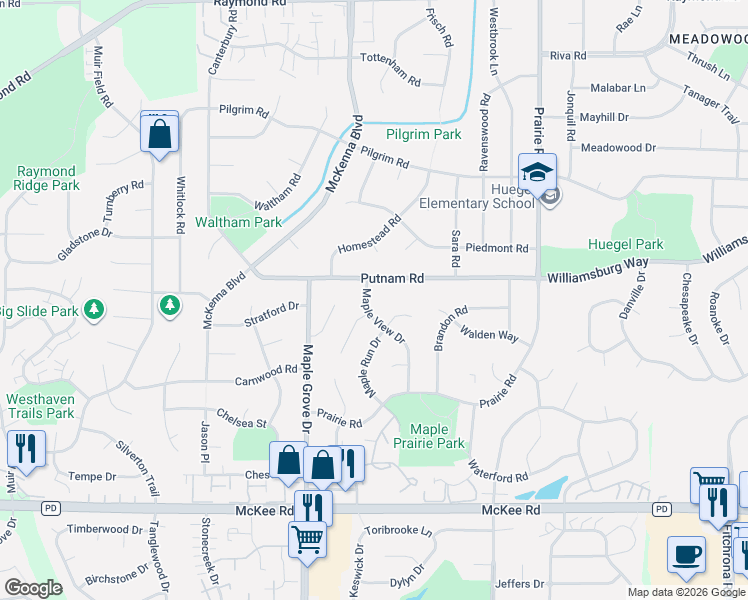 map of restaurants, bars, coffee shops, grocery stores, and more near 6502 Putnam Road in Madison