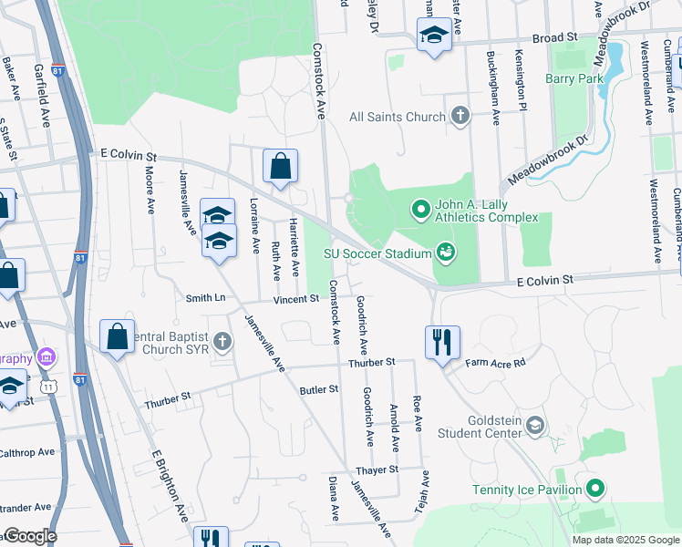 map of restaurants, bars, coffee shops, grocery stores, and more near 34 Nursery Lane in Syracuse