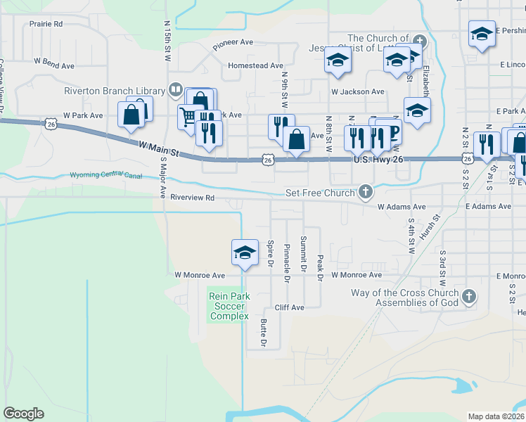 map of restaurants, bars, coffee shops, grocery stores, and more near 1102 Riverview Road in Riverton