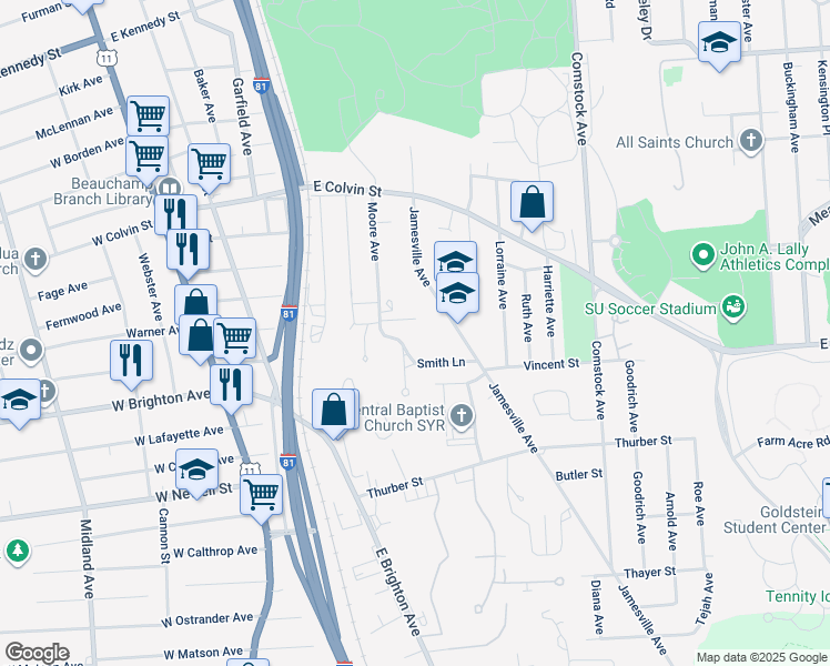 map of restaurants, bars, coffee shops, grocery stores, and more near 338 Jamesville Avenue in Syracuse