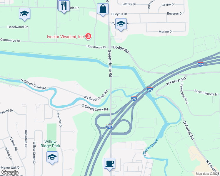 map of restaurants, bars, coffee shops, grocery stores, and more near 2360 Sweet Home Road in Buffalo