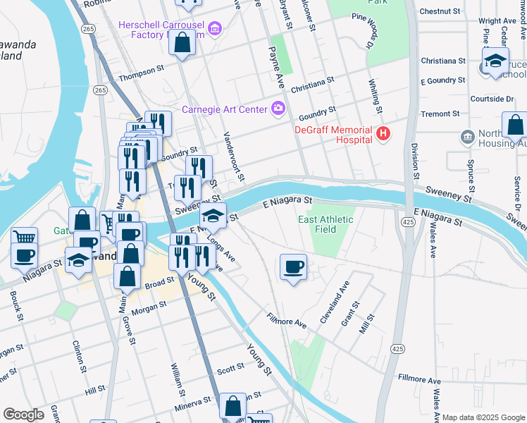 map of restaurants, bars, coffee shops, grocery stores, and more near 160 East Niagara Street in Tonawanda