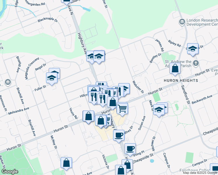 map of restaurants, bars, coffee shops, grocery stores, and more near 1318 Highbury Avenue North in London