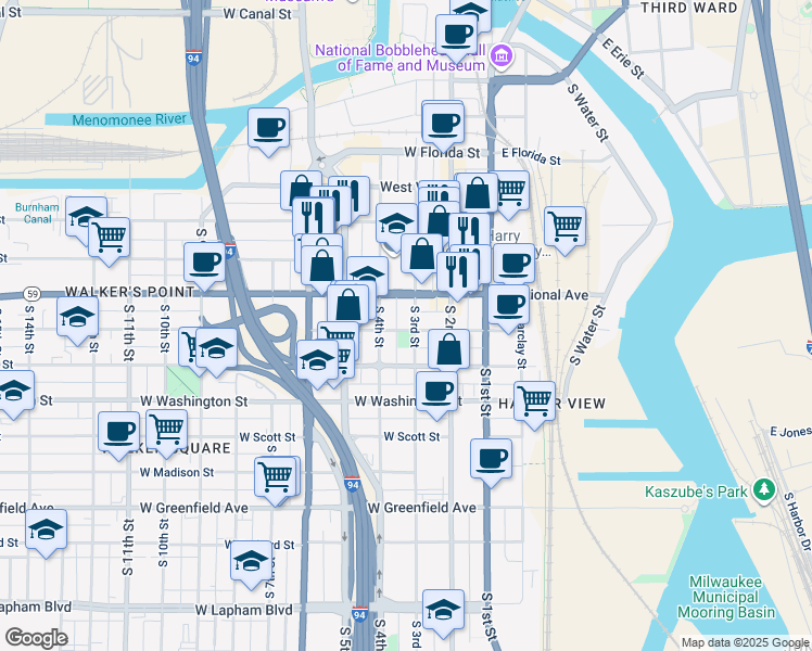 map of restaurants, bars, coffee shops, grocery stores, and more near 333 West National Avenue in Milwaukee