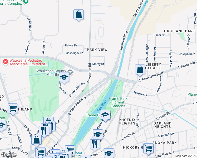 map of restaurants, bars, coffee shops, grocery stores, and more near 1414 East North Street in Waukesha