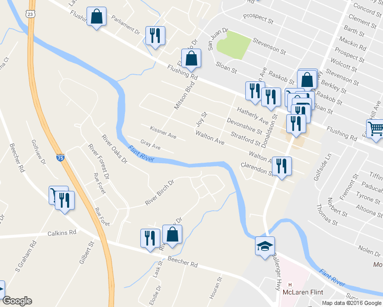 map of restaurants, bars, coffee shops, grocery stores, and more near 3277 Kissner Avenue in Flint