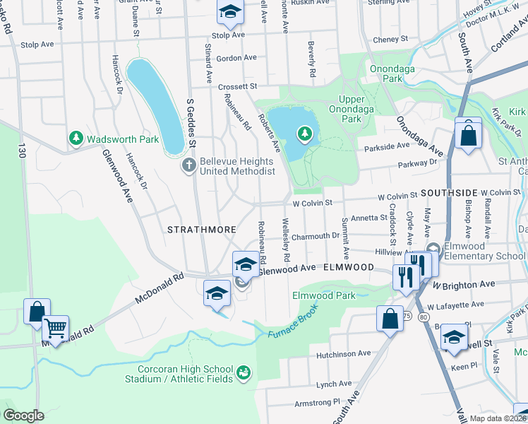 map of restaurants, bars, coffee shops, grocery stores, and more near 106 Strathmore Drive in Syracuse