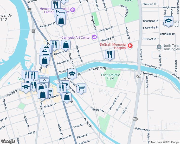 map of restaurants, bars, coffee shops, grocery stores, and more near 160 East Niagara Street in Tonawanda