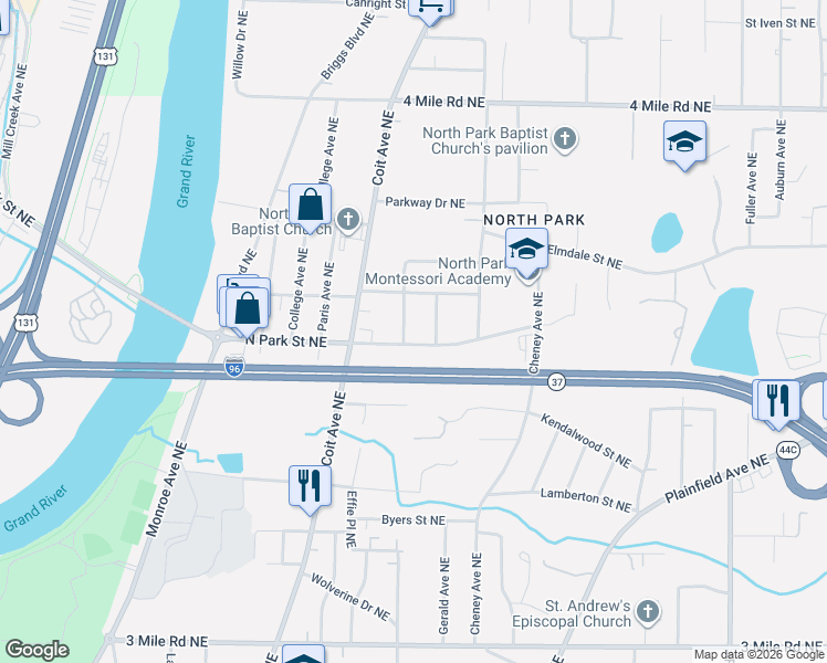 map of restaurants, bars, coffee shops, grocery stores, and more near 3269 Essex Street Northeast in Grand Rapids